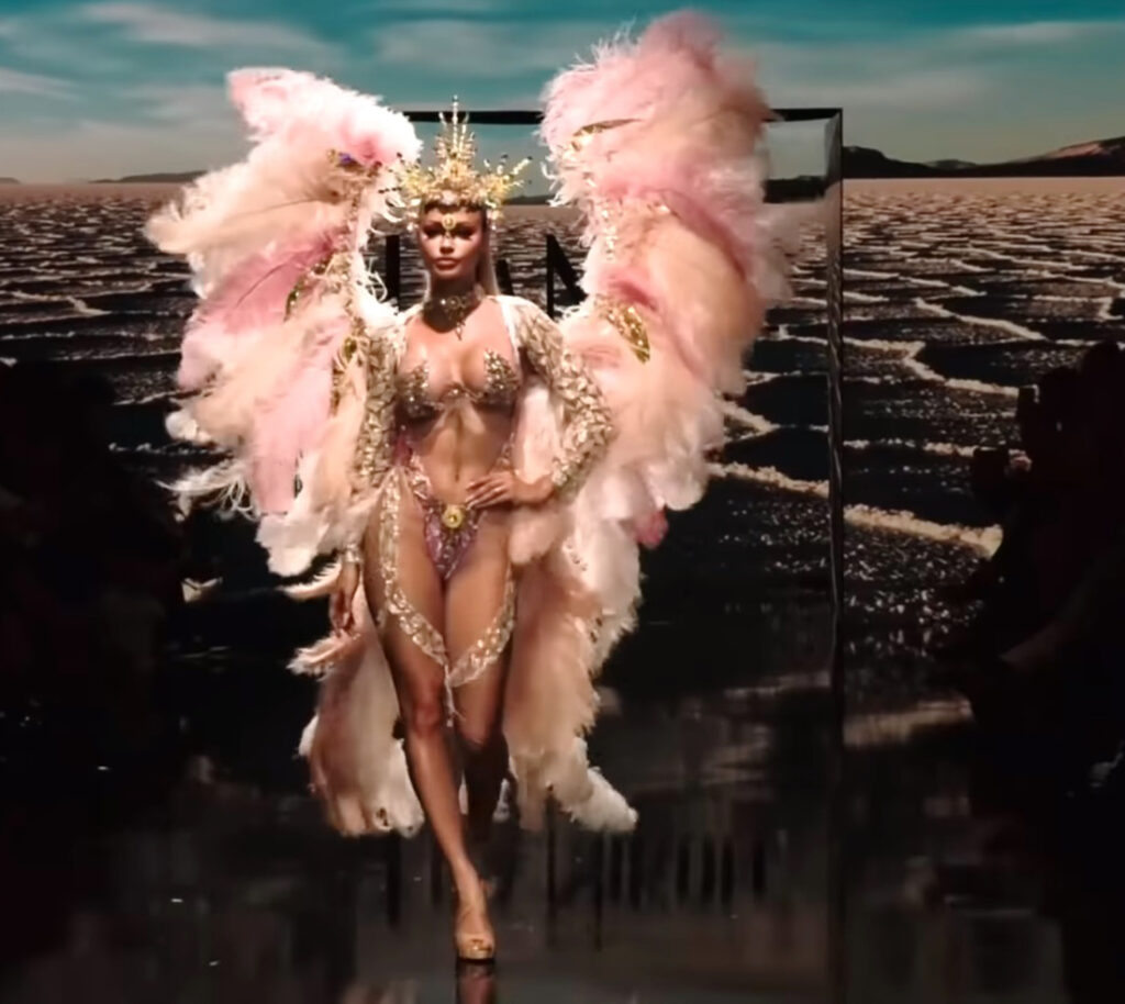 Lila Nikole Swimwear show in LA 2020. Carnival costume design, angel with pink wings.