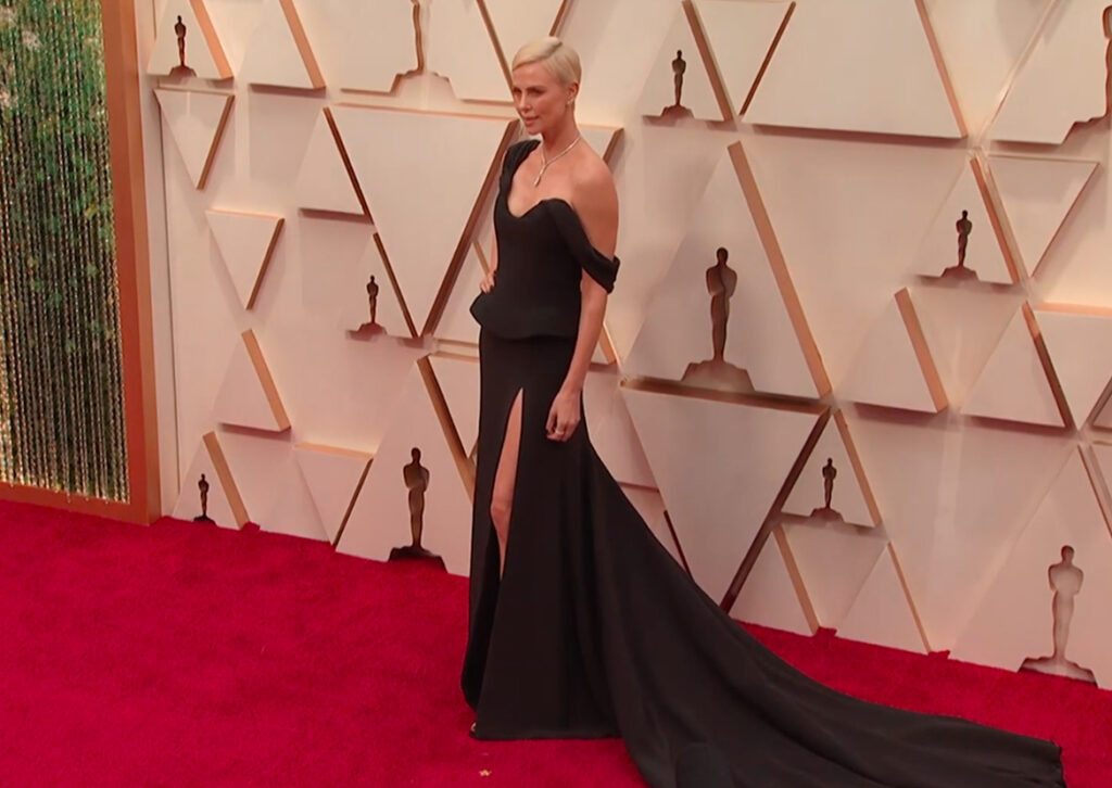 On the 2020 Academy Awards Red Carpet Charlize Theron Wearing a Black Dress by Dior - A stylish woman in Hollywood