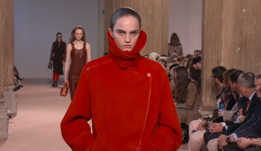 High collar red heavy winter coat look runway in Milan Salvatore Ferragamo Autumn Winter 2020