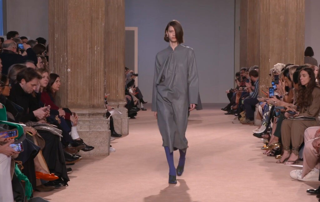 Sexy grey leather dress look runway in Milan Salvatore Ferragamo Autumn Winter 2020