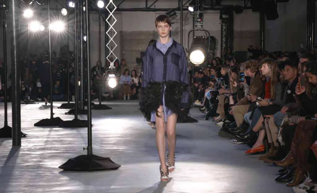 Blue shirt / skirt with black feathers. Chic Winter Looks by Alessandro Dell'Acqua and N21 Fall Winter 2020