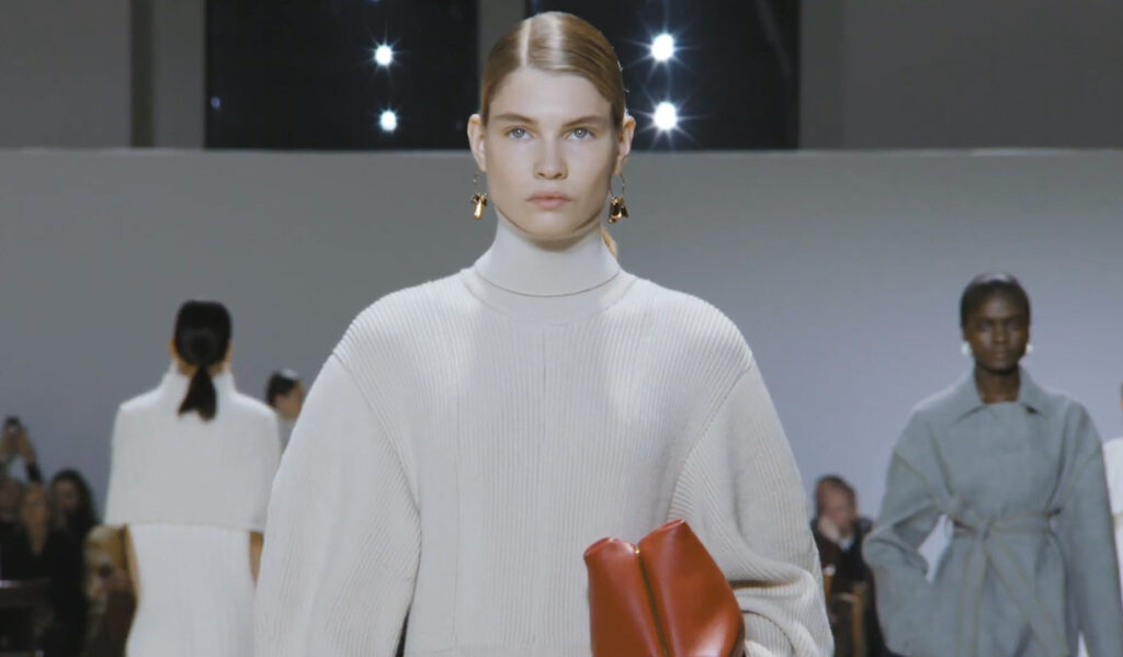Close-up shot knitwear dress winter look. Refined Design with Jil Sander Fall Winter 2020