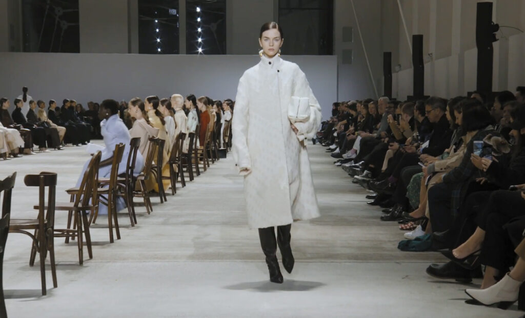 Luxury fur coat for women, winter look in white. Refined Design with Jil Sander Fall Winter 2020