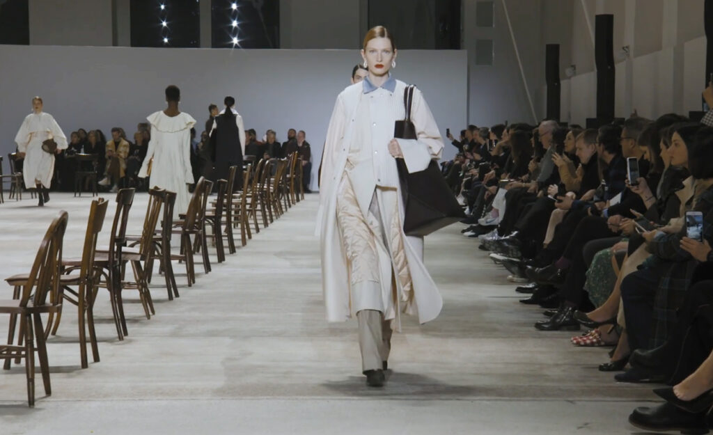 Layered winter outfit for women in white. Refined Design with Jil Sander Fall Winter 2020