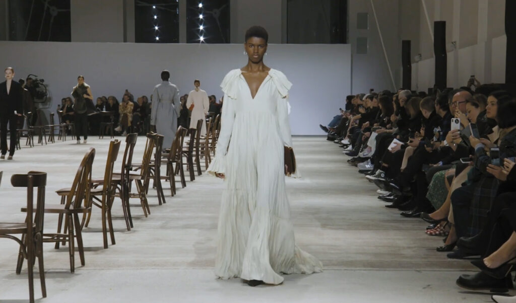 Lush off-white winter dress for women. Refined Design with Jil Sander Fall Winter 2020