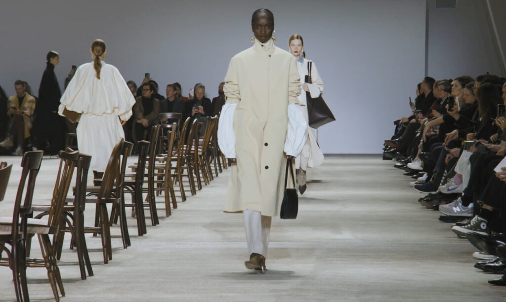 Futuristic beige long coat. Refined Design with Jil Sander Fall Winter 2020